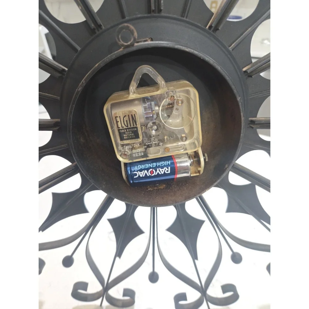 Elgin Mid Century Modern Black Wrought Iron Vintage Starburst Clock (working)